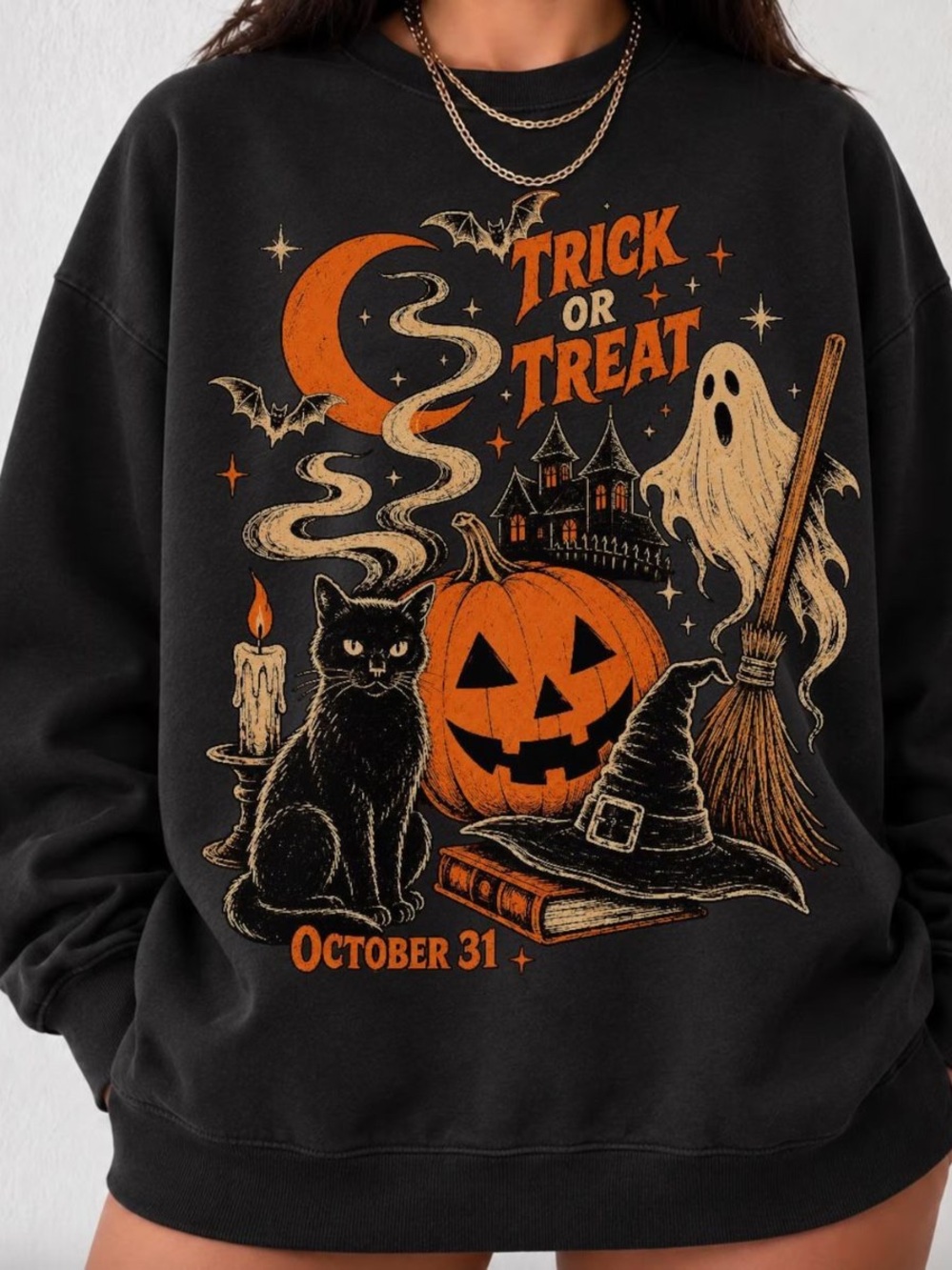 Black Trick or Treat Halloween Graphic Sweatshirt with Orange Pumpkin